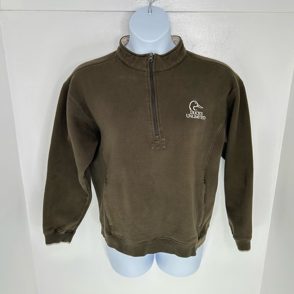 Ducks Unlimited 1/4 Zip Sweatshirt Womens Medium Elbow Patches Brown Pockets - Picture 2 of 9